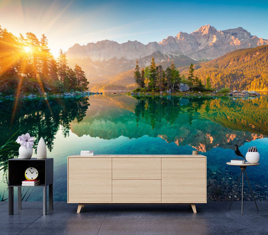 Wallpaper Murals Peel and Stick Removable Eibsee Lake with Zugspitze Mountain Range High Quality