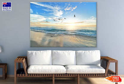 Birds Flying on Blue Sky with Sea View Photograph Print 100% Australian Made