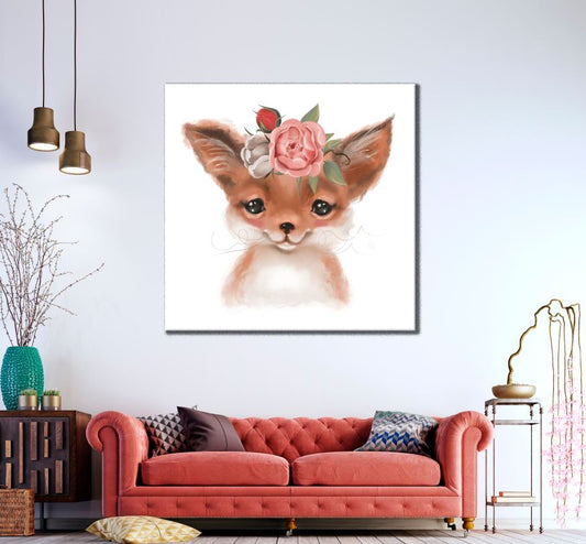 Square Canvas Cute Fox Portrait with Floral Headdress Painting High Quality Print 100% Australian Made