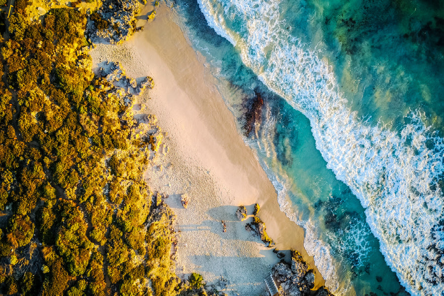 Blue Beach & Rocks Aerial View Photograph Print 100% Australian Made