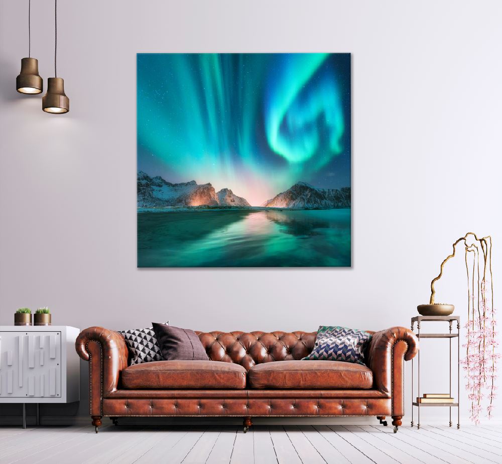 Square Canvas Aurora in Lofoten Island View Photograph High Quality Print 100% Australian Made