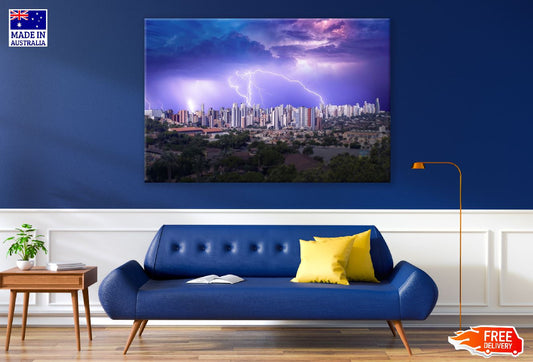 Thunder Storm with Various Lightnings on City View Print 100% Australian Made
