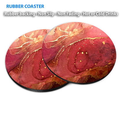 Pink Red & Gold Lines Marble Abstract Coasters Wood & Rubber - Set of 6 Coasters