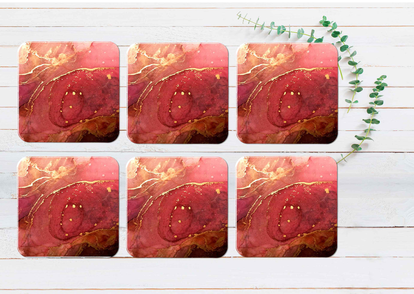 Pink Red & Gold Lines Marble Abstract Coasters Wood & Rubber - Set of 6 Coasters