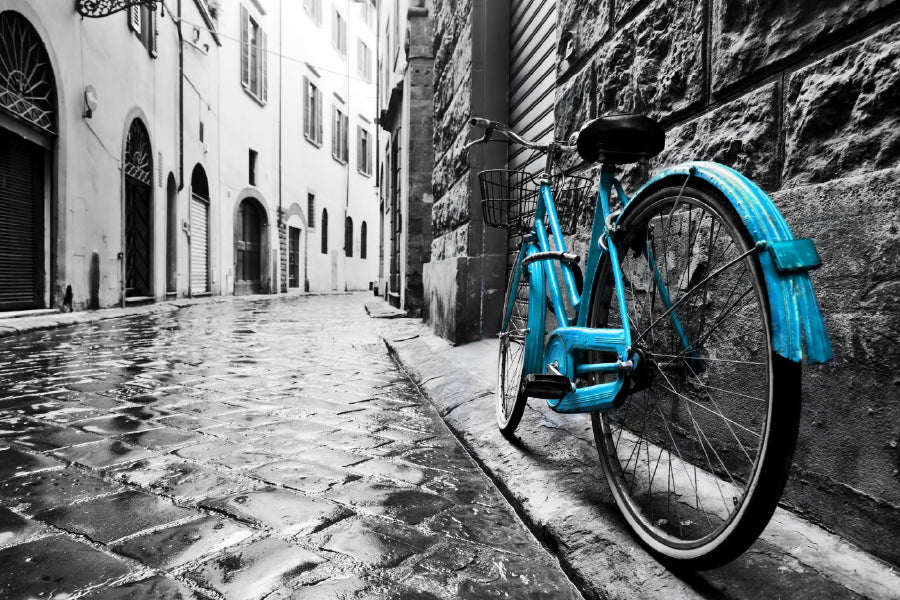 Blue Bike on Old Town Street B&W Photograph Home Decor Premium Quality Poster Print Choose Your Sizes