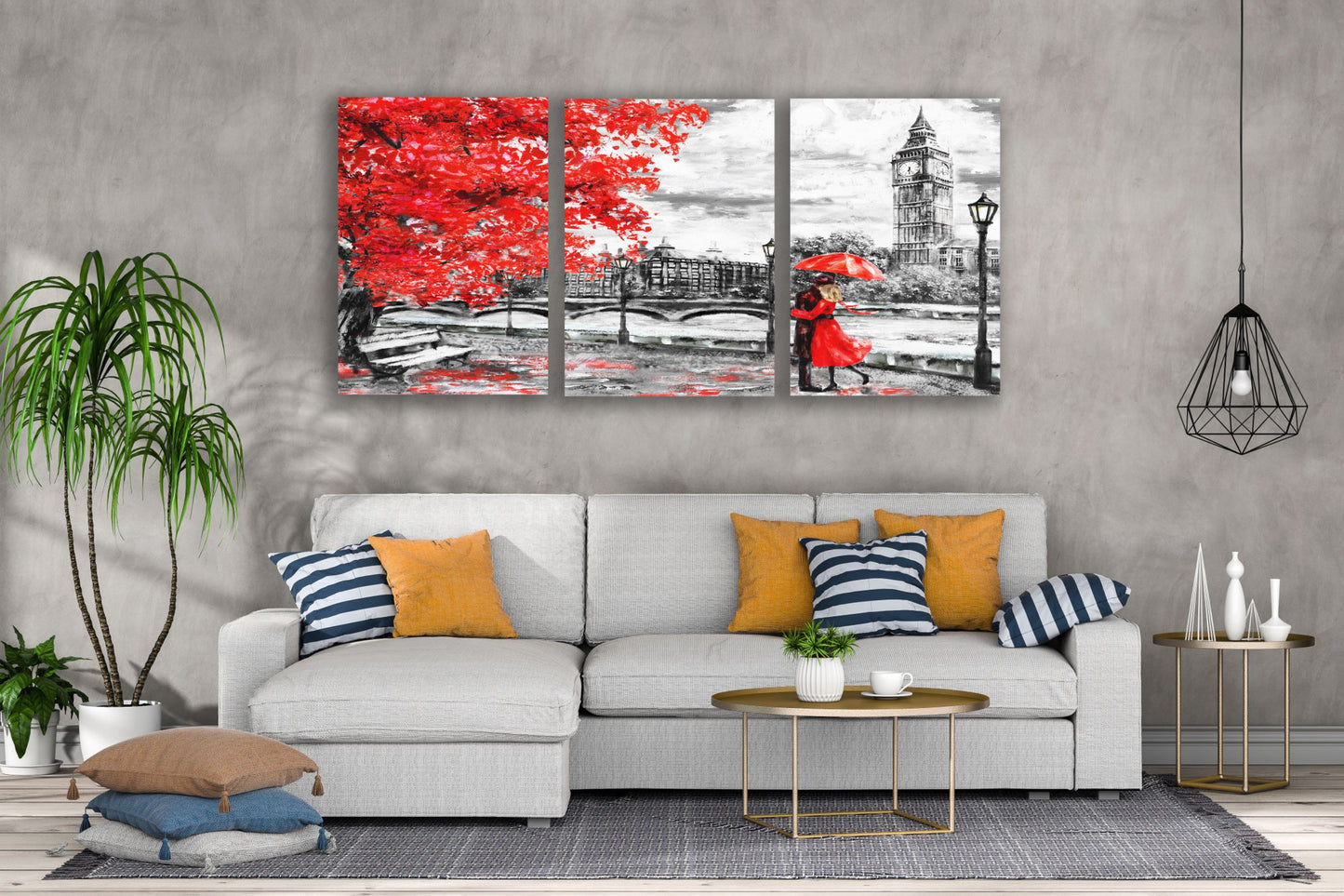 3 Set of Couple in London Red , B&W Watercolor Painting High Quality Print 100% Australian Made Wall Canvas Ready to Hang