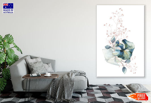 Leaves & Blue Flowers Watercolor Line Art Design Print 100% Australian Made