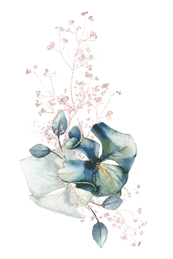 Leaves & Blue Flowers Watercolor Line Art Design Print 100% Australian Made