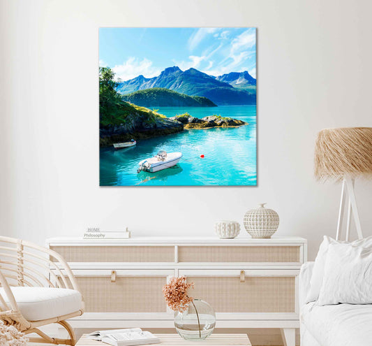 Square Canvas Mountains Lake With Boats High Quality Print 100% Australian Made