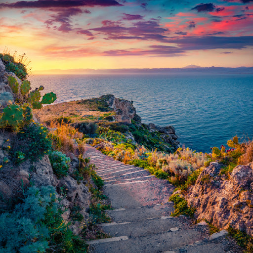 Square Canvas Footpath & Sea Sunset Scenery High Quality Print 100% Australian Made