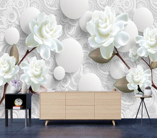 Wallpaper Murals Peel and Stick Removable White Floral 3D Design High Quality
