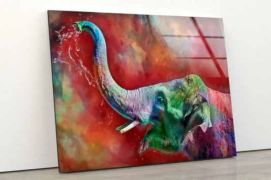 Colored Elephant with Water Photograph Acrylic Glass Print Tempered Glass Wall Art 100% Made in Australia Ready to Hang