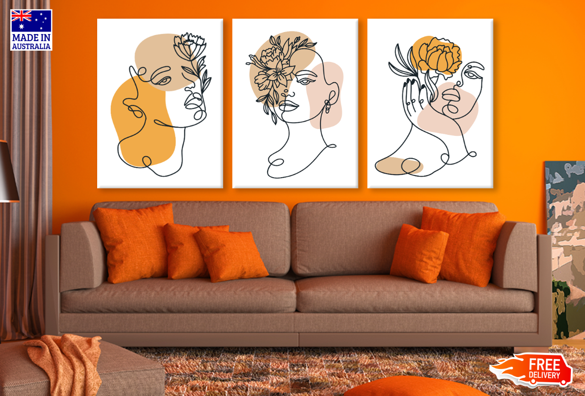 3 Set of Line Art Face Portraits High Quality print 100% Australian made wall Canvas ready to hang