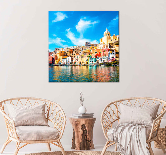 Square Canvas Colorful Island Near Naples & Small Houses High Quality Print 100% Australian Made