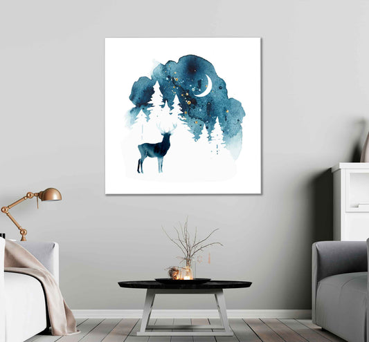 Square Canvas Animal, Sky, Moon & Forest Watercolor Vector High Quality Print 100% Australian Made