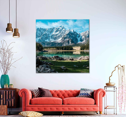 Square Canvas Morning at The Superior Lake With Mountains High Quality Print 100% Australian Made