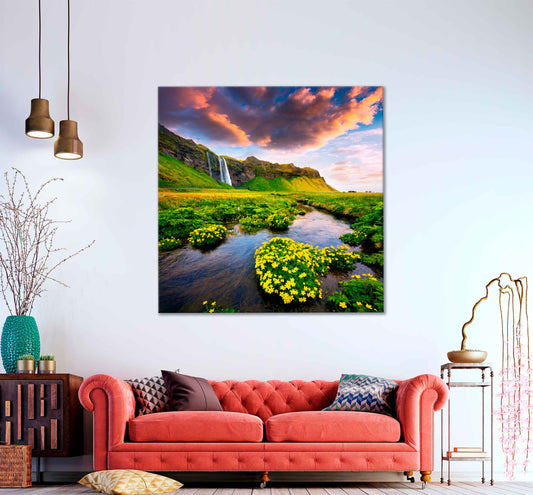 Square Canvas Colorful Sunrise With Waterfall in Iceland High Quality Print 100% Australian Made