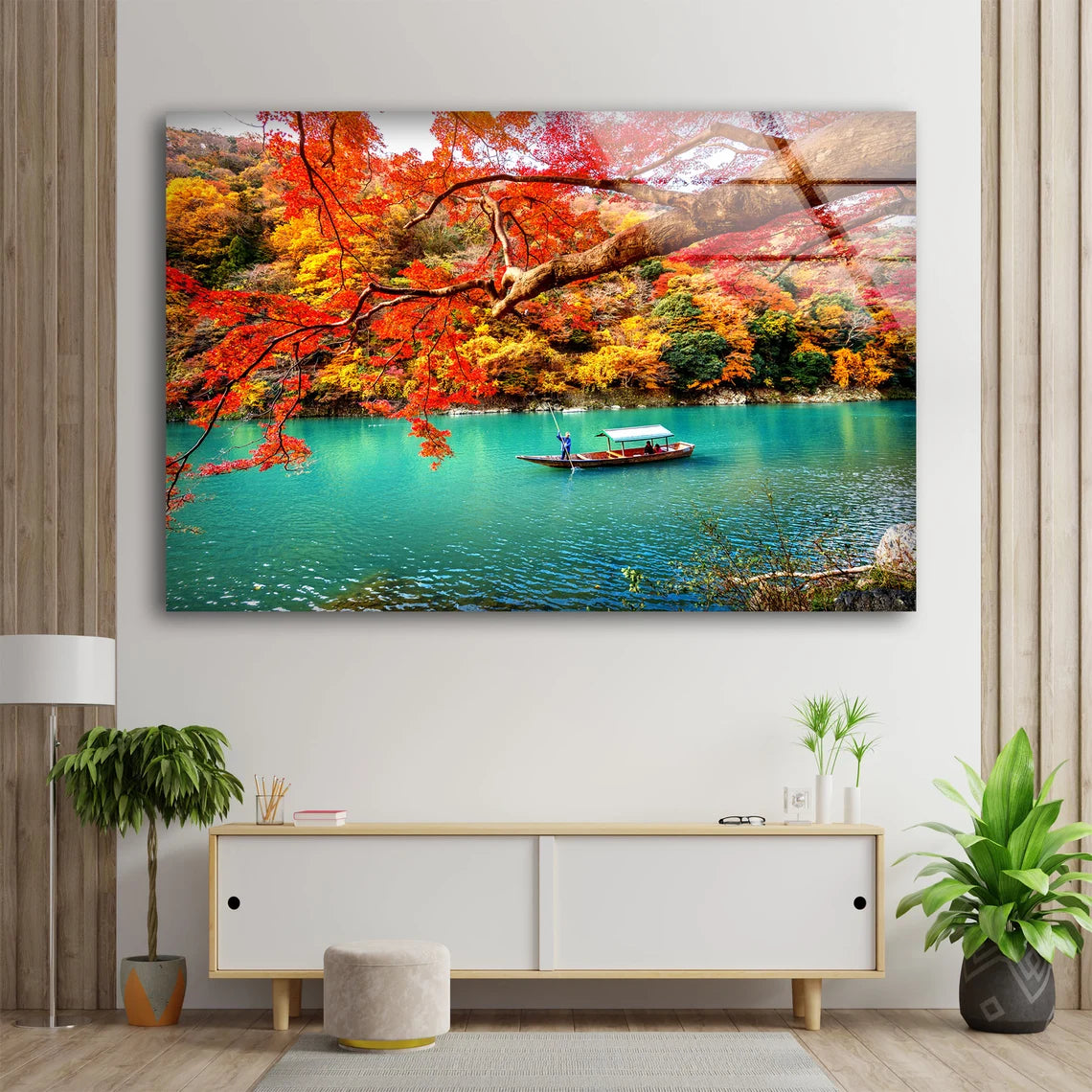 Boat on Lake Autumn Forest Photograph Acrylic Glass Print Tempered Glass Wall Art 100% Made in Australia Ready to Hang