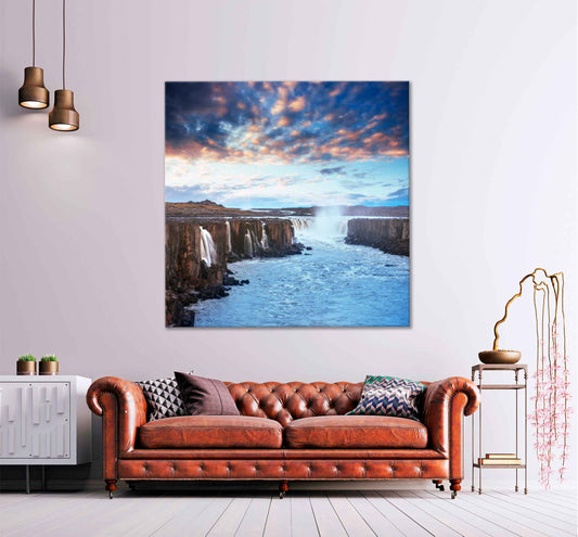 Square Canvas Views of Selfoss Waterfall High Quality Print 100% Australian Made