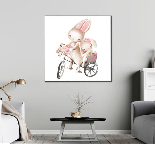 Square Canvas Cute Rabbit Cycling Painting High Quality Print 100% Australian Made