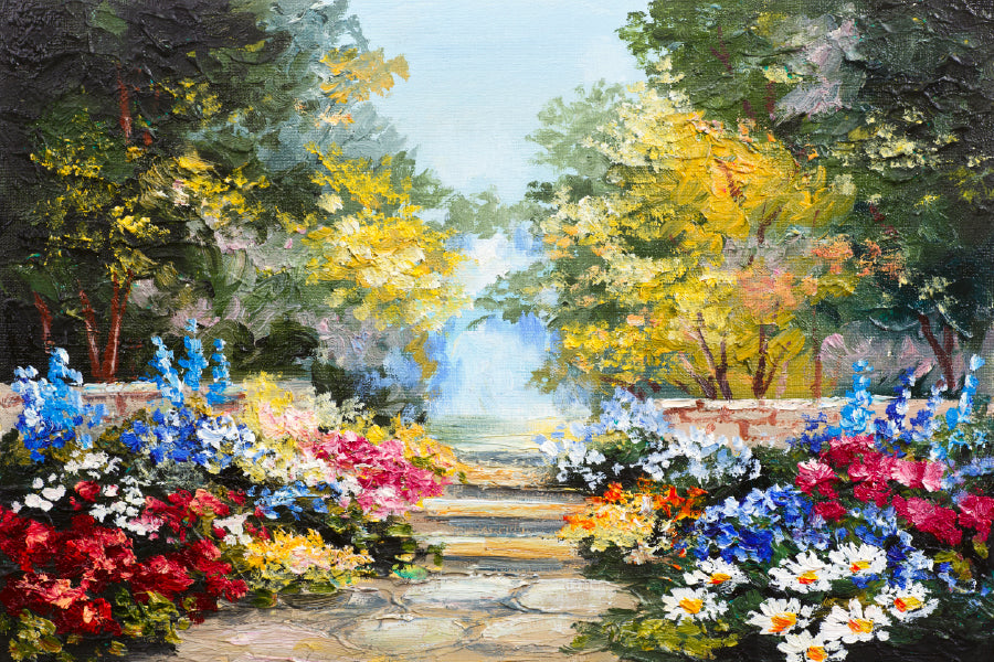 Colorful Flowers & Trees Garden Painting Print 100% Australian Made