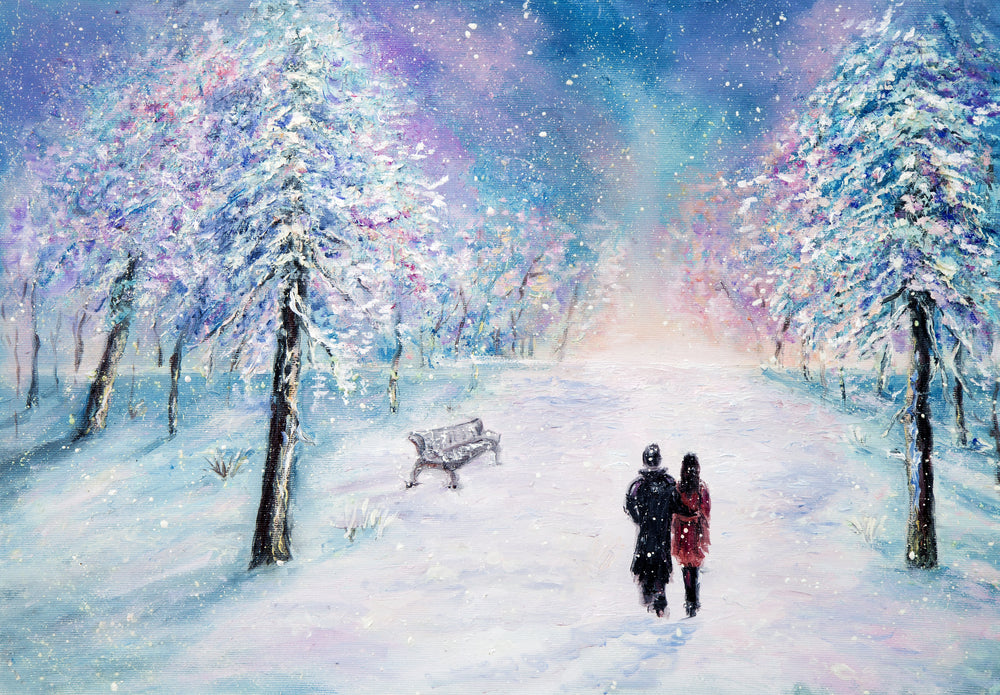 Couple Walking on Snow Covered Road Watercolor Painting Print 100% Australian Made