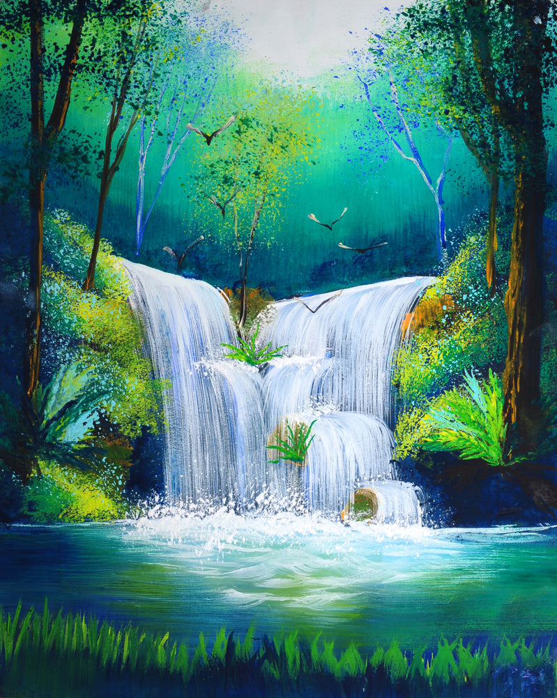 Waterfall in Forest Scenery Oil Painting Print 100% Australian Made