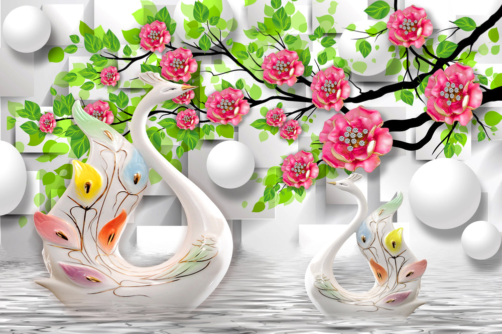Swans & Flowers 3D Shapes Design Home Decor Premium Quality Poster Print Choose Your Sizes