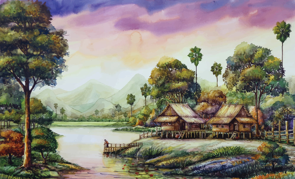 Village Scenery Oil Painting Home Decor Premium Quality Poster Print Choose Your Sizes