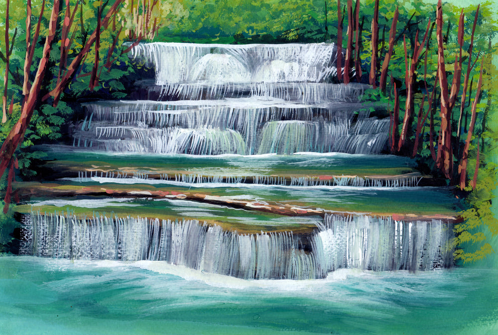 Colorful Waterfall in Forest Oil Painting Print 100% Australian Made
