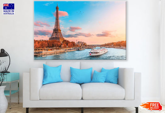 Eiffel Tower & Boat on River View Print 100% Australian Made