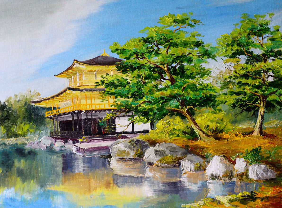 Japanese House Near a Lake Oil Painting Print 100% Australian Made