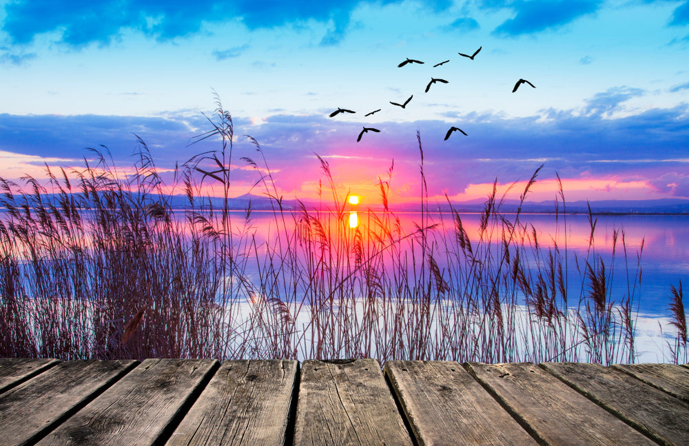 Stunning View from Wooden Pier of Sunset Over a Lake Photograph Print 100% Australian Made