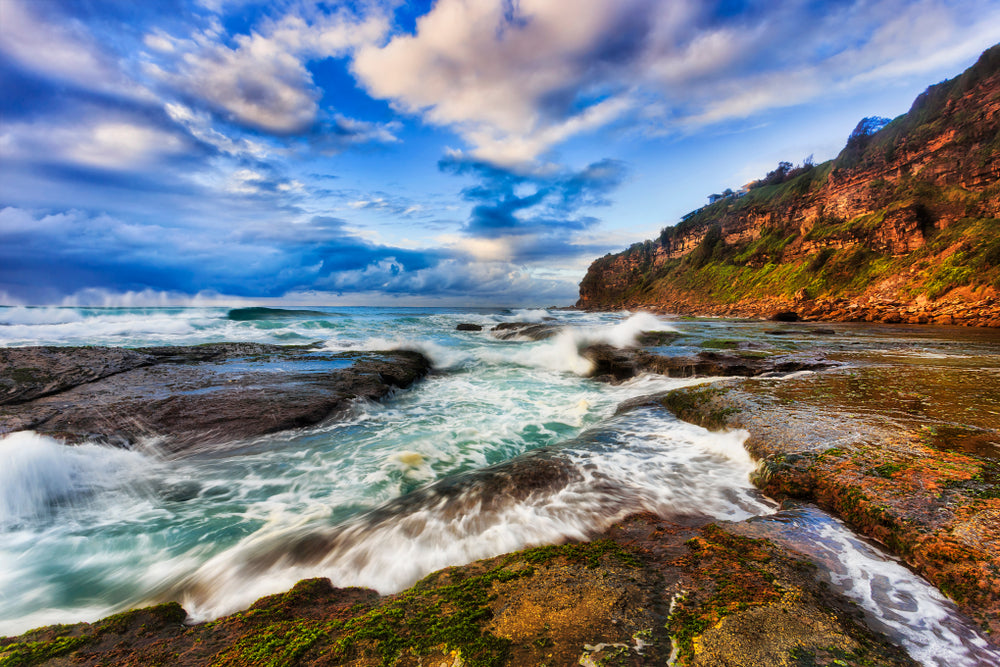 Cloudy Sky & Rocks with Strong Rolling Waves on Beach Photograph Print 100% Australian Made