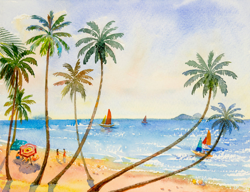Palm Trees at Beach Sea Scenery Watercolor Painting Print 100% Australian Made