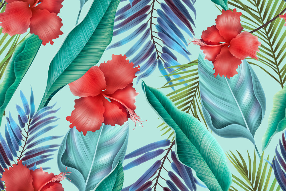 Tropical Leaves & Flowers Pattern Watercolor Painting Print 100% Australian Made