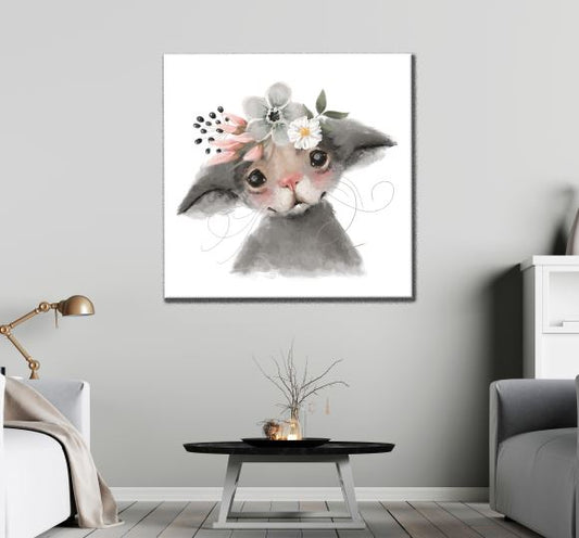 Square Canvas Mouse with Flowers Kids Portrait Watercolor Painting High Quality Print 100% Australian Made