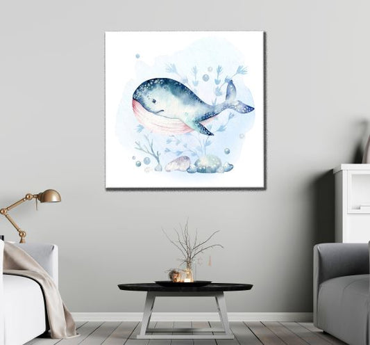 Square Canvas Whale with Water Kids Watercolor Painting High Quality Print 100% Australian Made