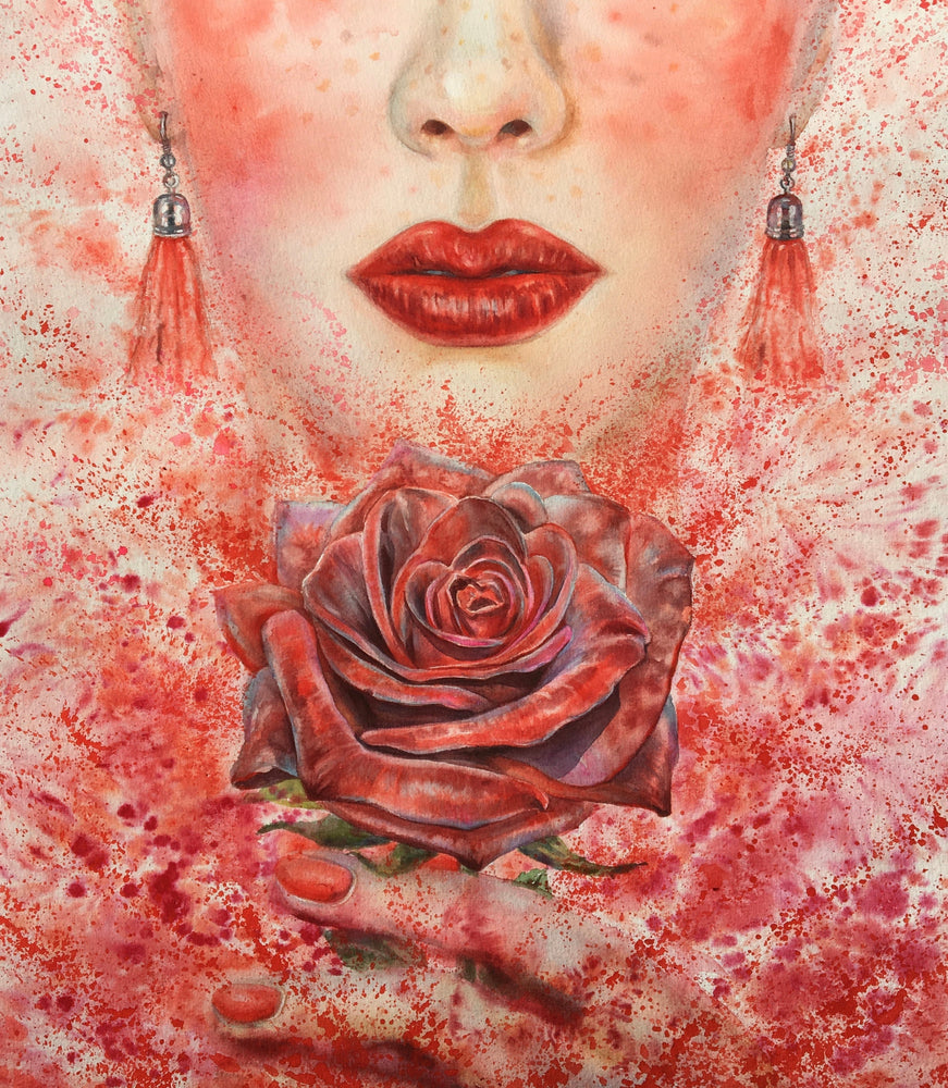 Watercolor Beautiful Girl Holding a Red Rose in Her Hands Painting Print 100% Australian Made