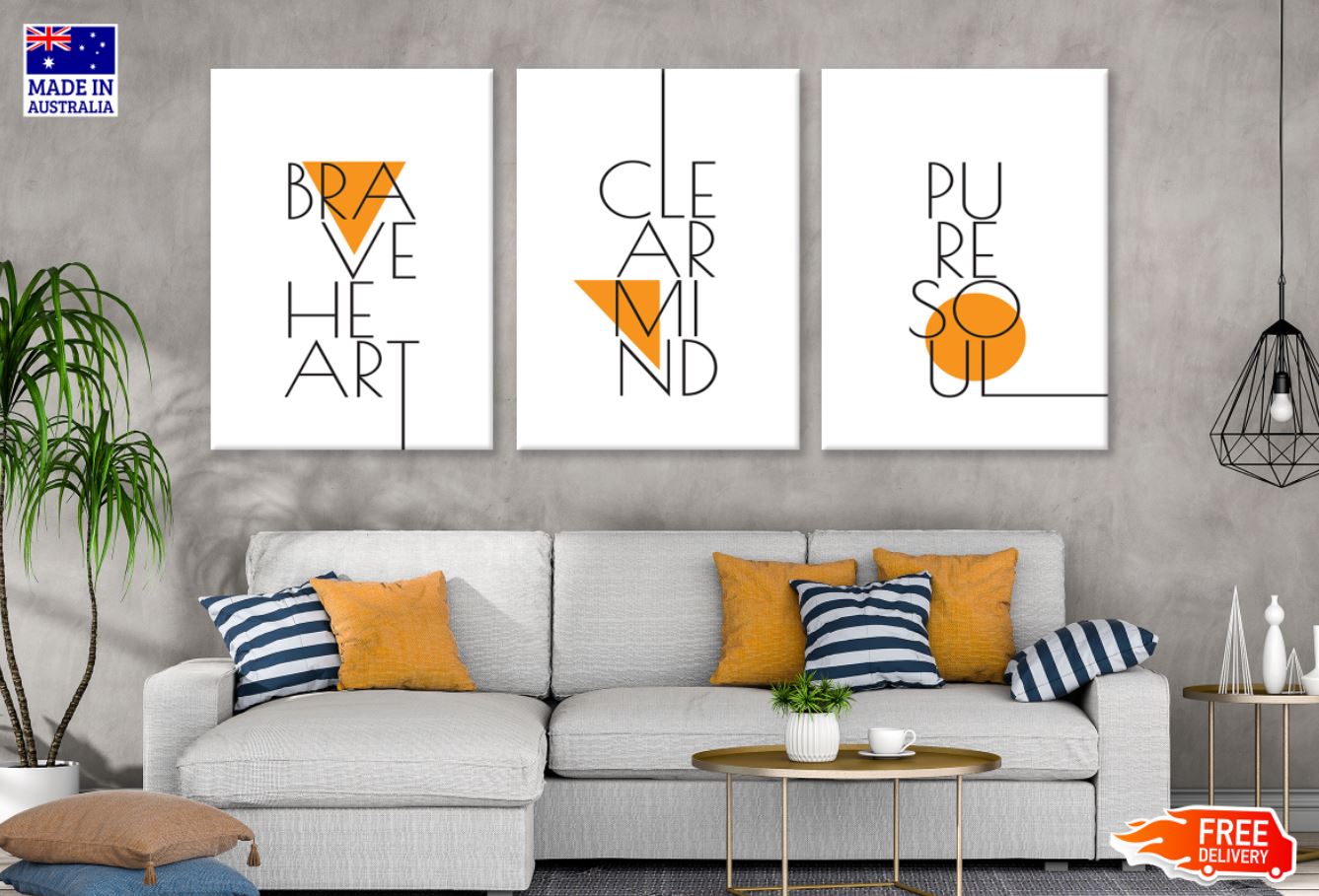 3 Set of Life Motivational Quotes Brave Heart Clear Mind & Pure Soul Design High Quality Print 100% Australian Made Wall Canvas Ready to Hang
