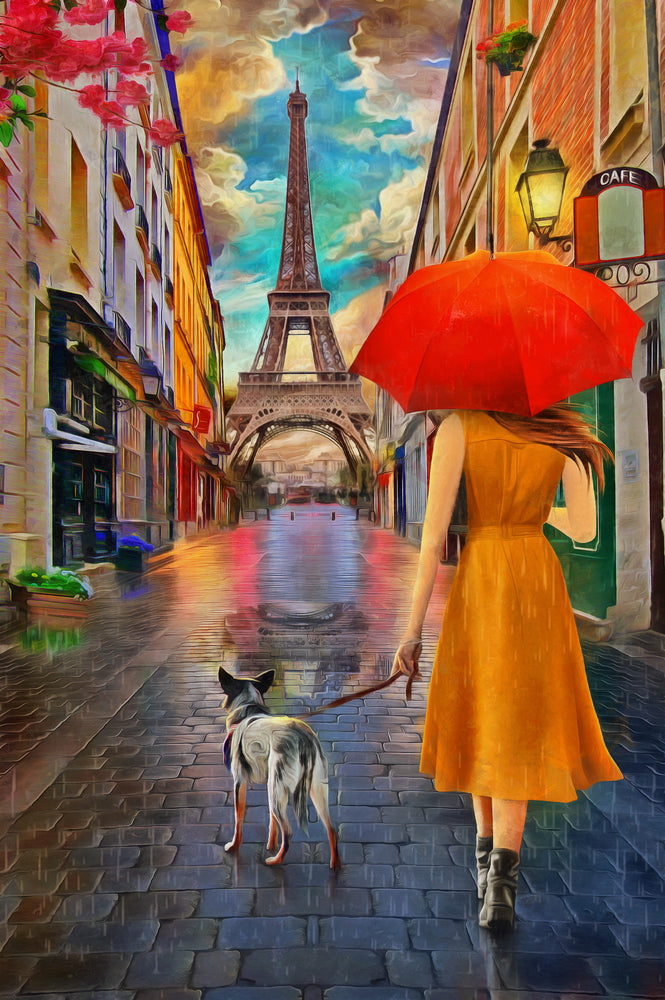 Girl & Dog Walking on Paris Streets Near Eiffel Tower Oil Painting Print 100% Australian Made