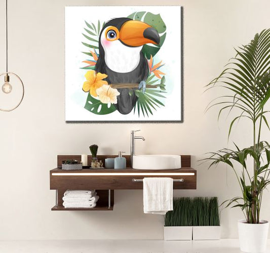 Square Canvas Little Toucan Bird Kids Watercolor Painting High Quality Print 100% Australian Made
