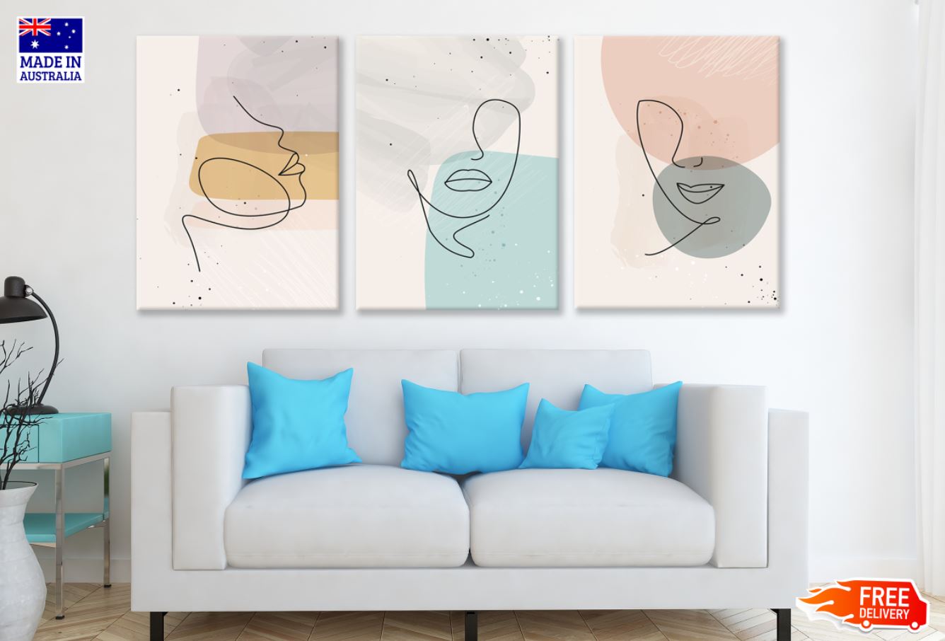 3 Set of Faces Line Art Design High Quality Print 100% Australian Made Wall Canvas Ready to Hang