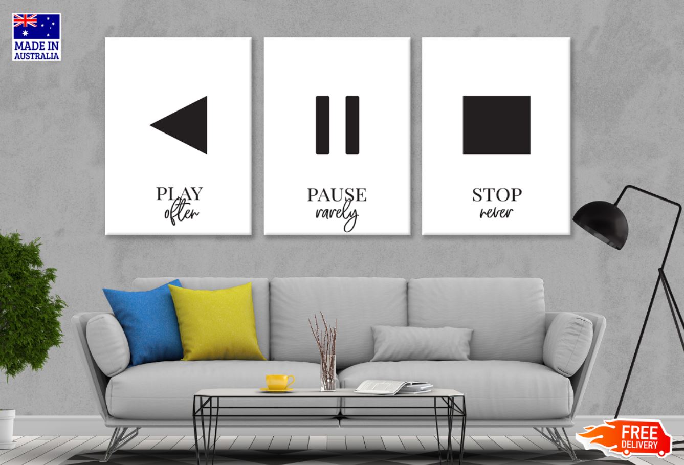 3 Set of Play Pause Stop B&W Wordings & Vector Arts Design High Quality Print 100% Australian Made Wall Canvas Ready to Hang