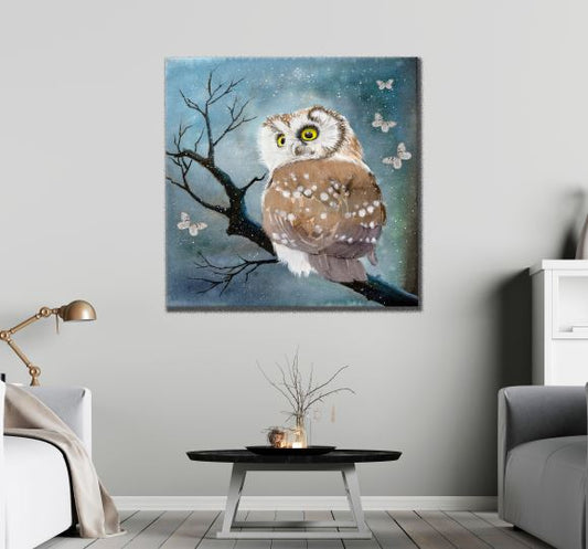 Square Canvas Owl on a Tree Watercolor Painting High Quality Print 100% Australian Made