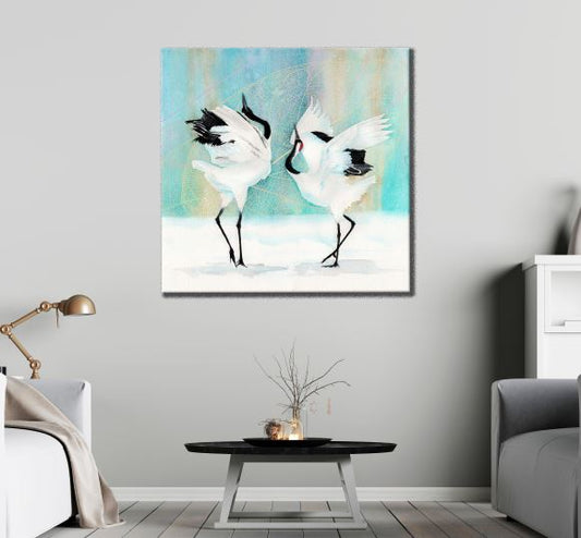 Square Canvas Two Red-Crowned Japanese Cranes Dancing Watercolor Kids Painting High Quality Print 100% Australian Made