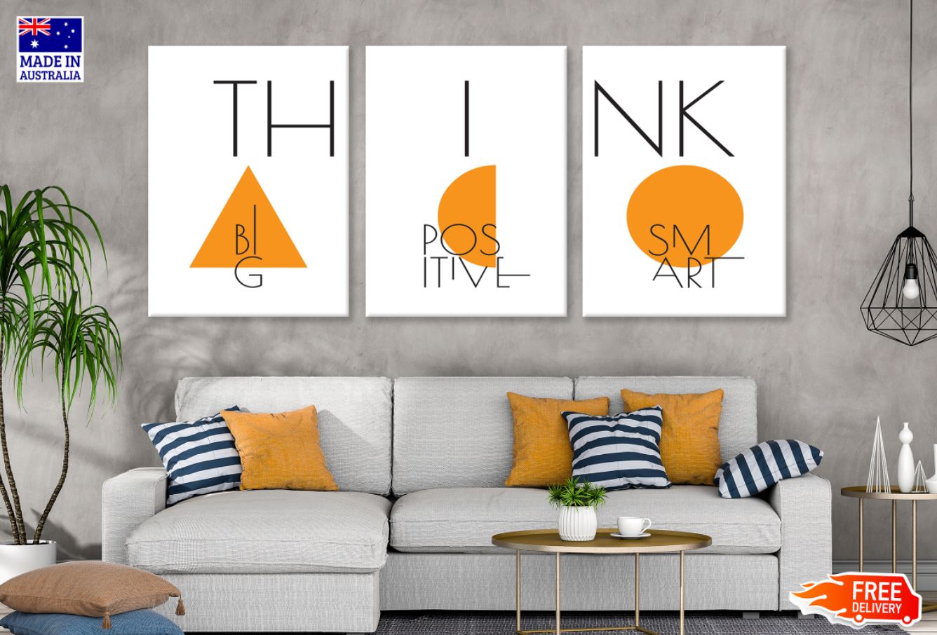 3 Set of Thinkg Big, Positive, Smart Orange Shapes & B&W Wordings Design High Quality Print 100% Australian Made Wall Canvas Ready to Hang
