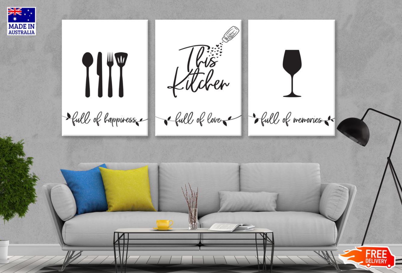 3 Set of Kitchen Quotes & B&W Vector Arts High Quality Print 100% Australian Made Wall Canvas Ready to Hang