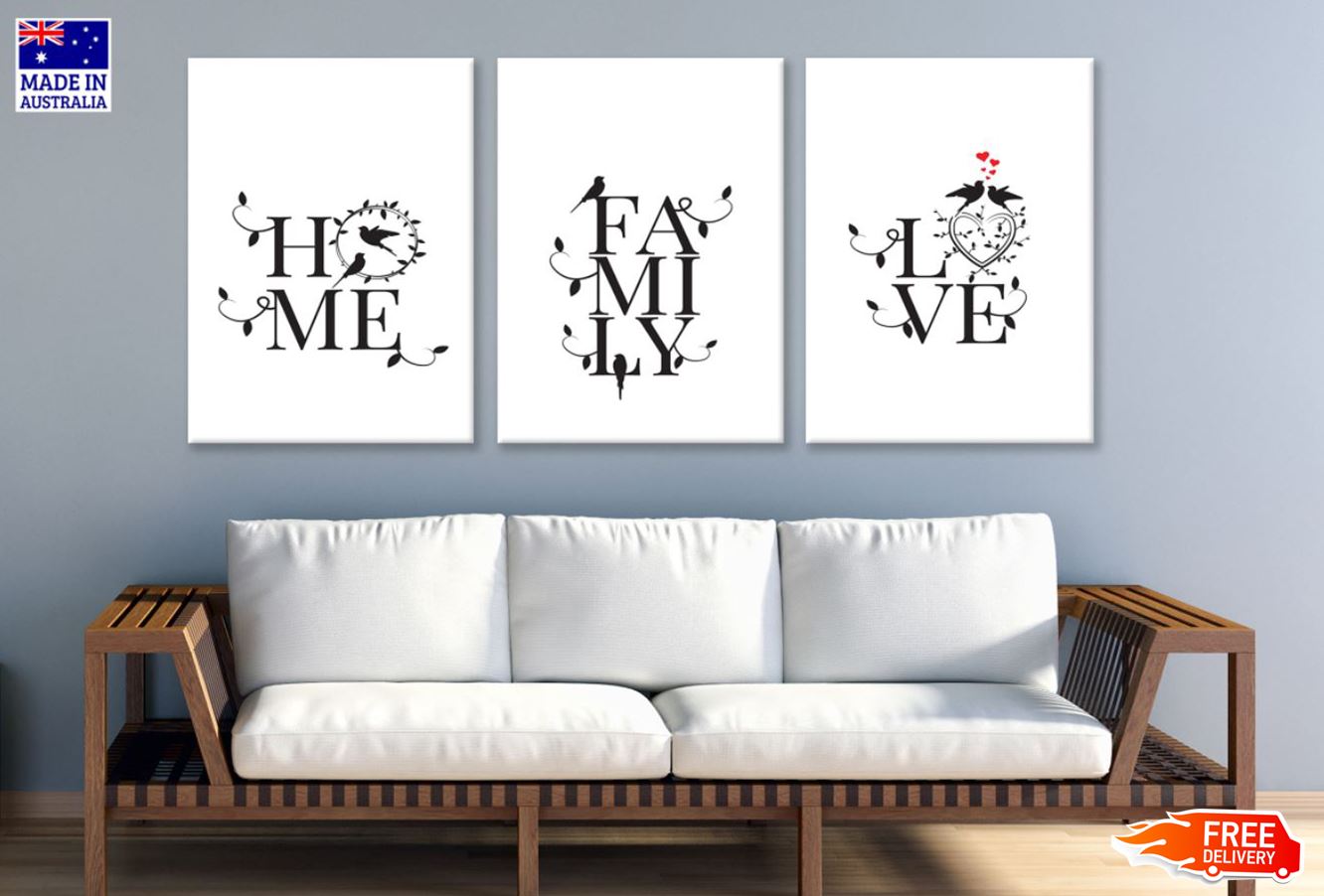 3 Set of Home Family & Love B&W Wordings High Quality Print 100% Australian Made Wall Canvas Ready to Hang