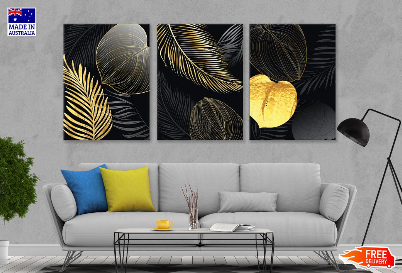 3 Set of Gold & Black Leaves Art High Quality Print 100% Australian Made Wall Canvas Ready to Hang